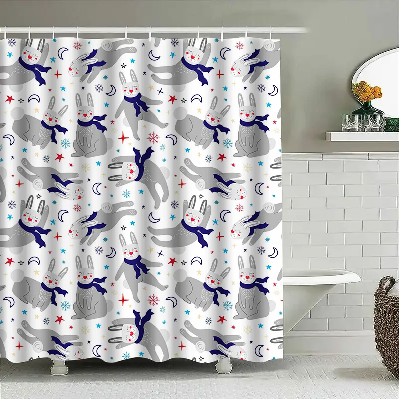 

Adorable Rabbit Print Shower Curtain Set Waterproof Fabric for Bathrooms Decor Modern Home Design
