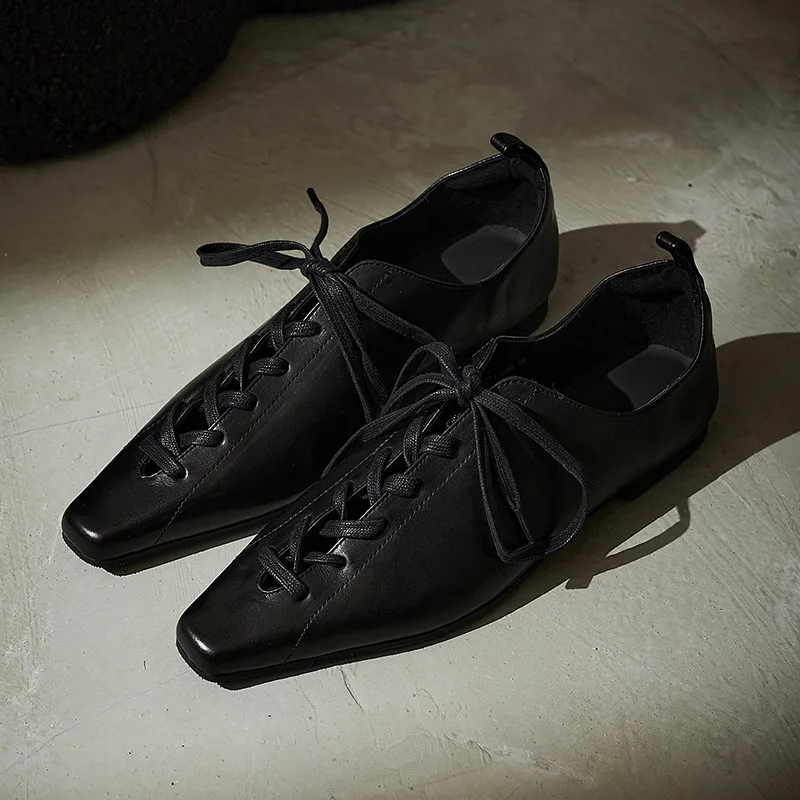 2025 Hot Sale Fashion Low Heel Lace Up Genuine Leather Pumps Women Daily Walk Flats Young Girls Casual Spring Autumn Black Shoes