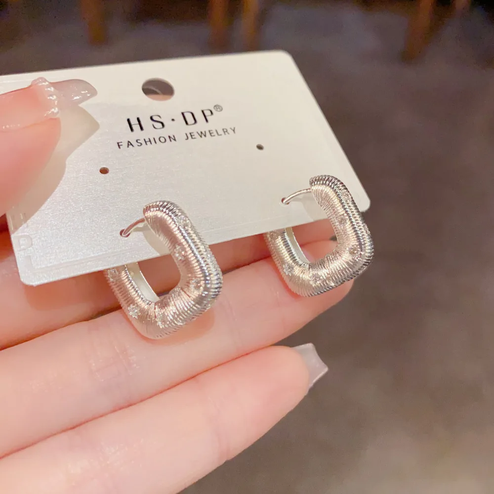 Minimalist Textured Geometric Square Hoop Earrings Shiny Micro Set Zircon Huggie Jewelry Versatile Accessory For Party
