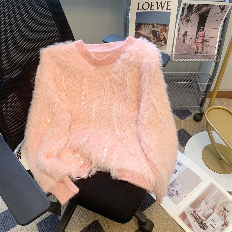 Long Sleeves Pink Pullover Women's Clothing Knitting Sweater White Cashmere Round Neck Vintage Jacket Fashion Female Autumn Tops