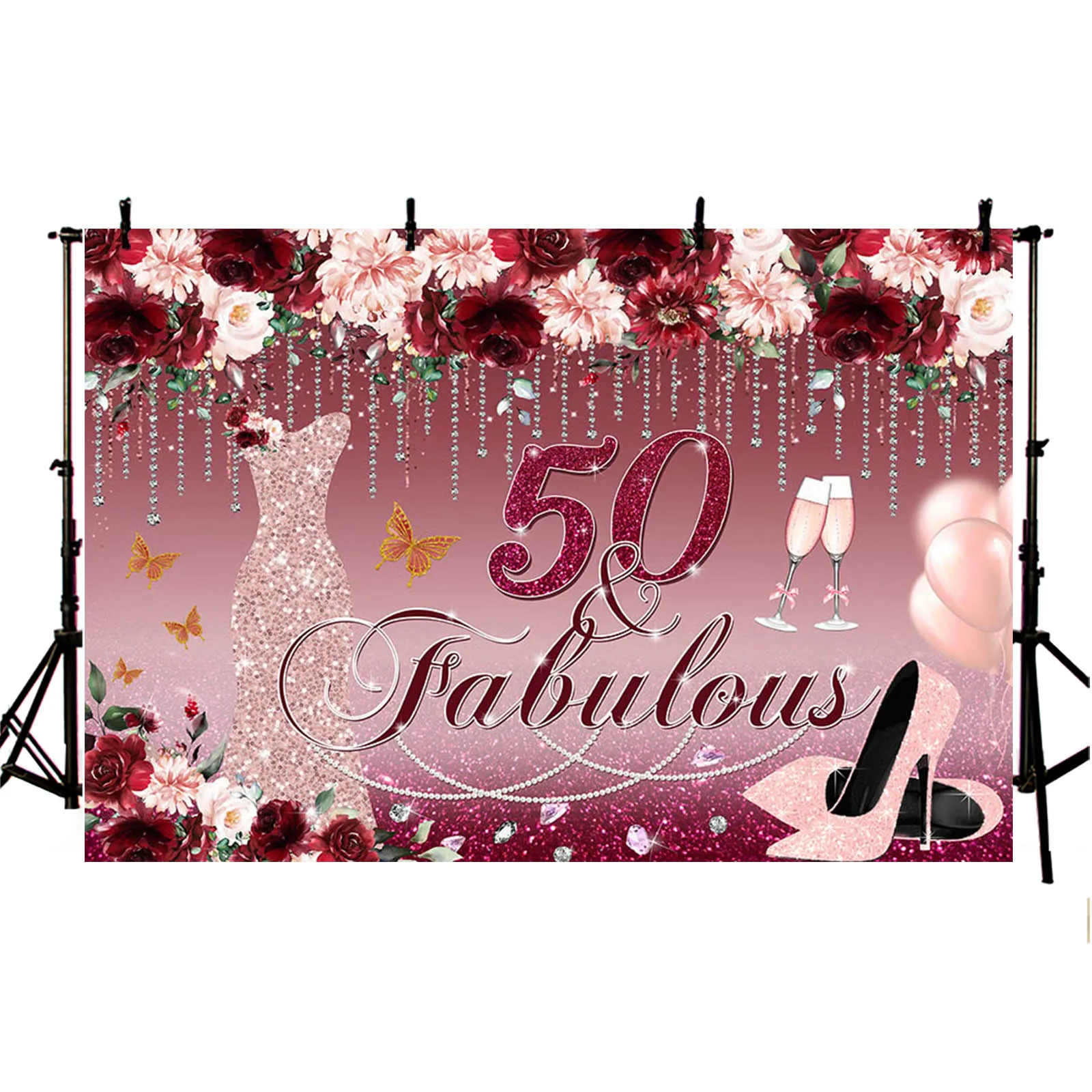 Burgundy Happy 50th Birthday Backdrop for Women Diamond Dress Heels Photography Background 50 Year Portrait Party Decor Poster