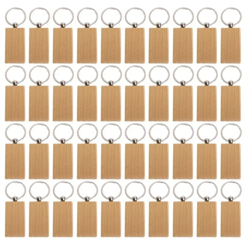 

New 40Pcs Blank Rectangle Wooden Key Chain Diy Wood Keychains Key Tags Can Engrave Diy Gifts