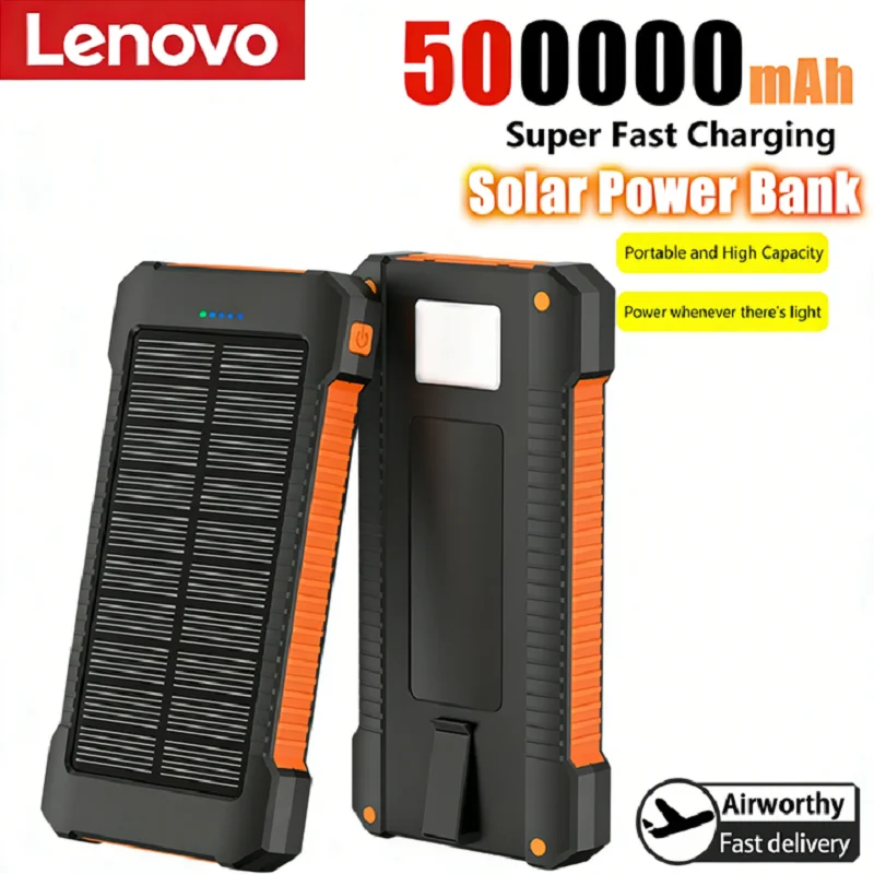 Banco de energía Solar Lenovo de 500000mah, batería externa portátil de gran capacidad con carga súper rápida para exteriores, para Huawei, Iphone, Samsung
