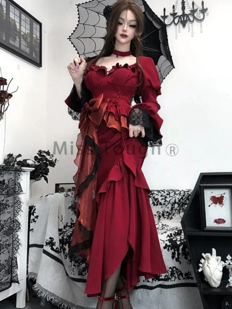 Autumn Red Vintage Dress Women Lace French Retro Elegant Evening Party Dress Female Long Sleeve Chic Midi Dress Halloween 2024