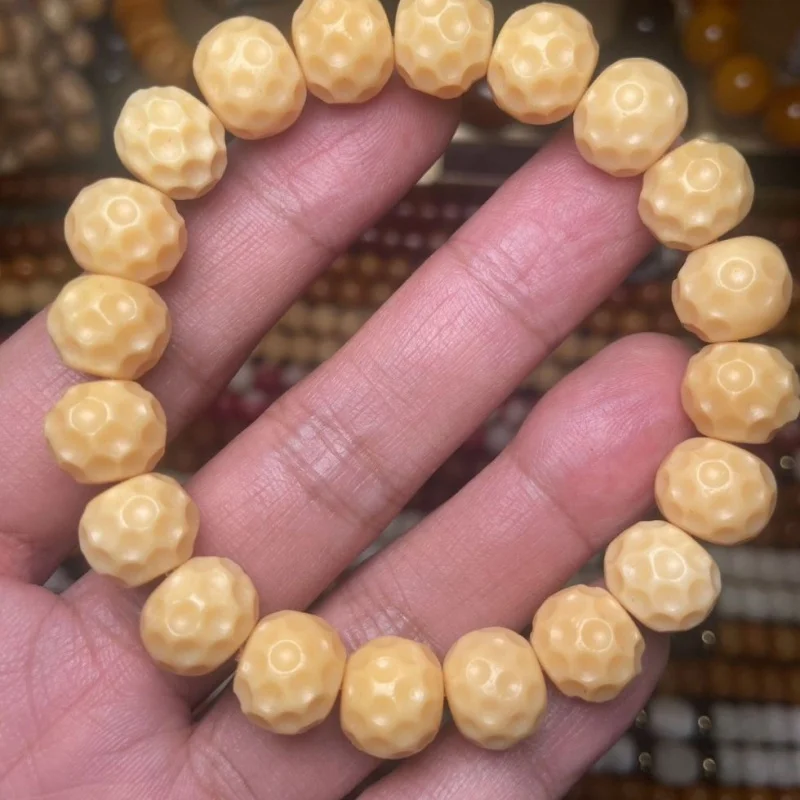 

Natural old camel bone, chicken oil yellow carving, 12mm crater-shaped bracelet