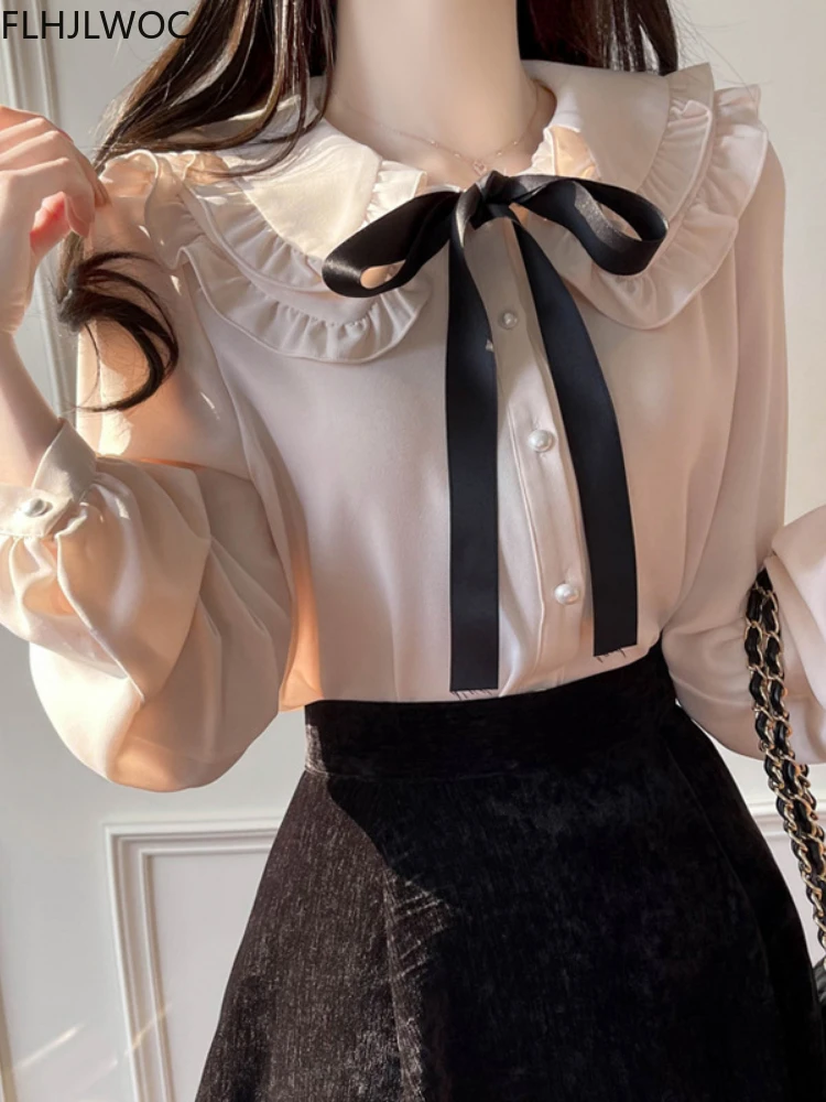 Cute Pink Retro Vintage Ruffles Bow Tie Ribbon Tops Flhjlwoc Basic Elegant Work Formal Single Breasted Button Sweet Shirts