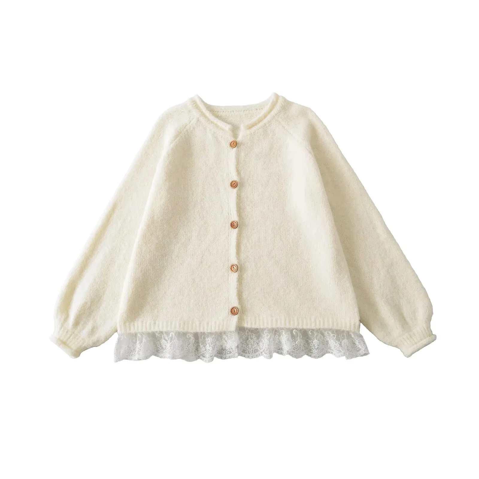 

Autumn Small Round Neck Knitted Cardigan Korean Style Lazy Rolled Edge Patchwork Lace Sweet Casaul Style Coat Top For Women 0F47