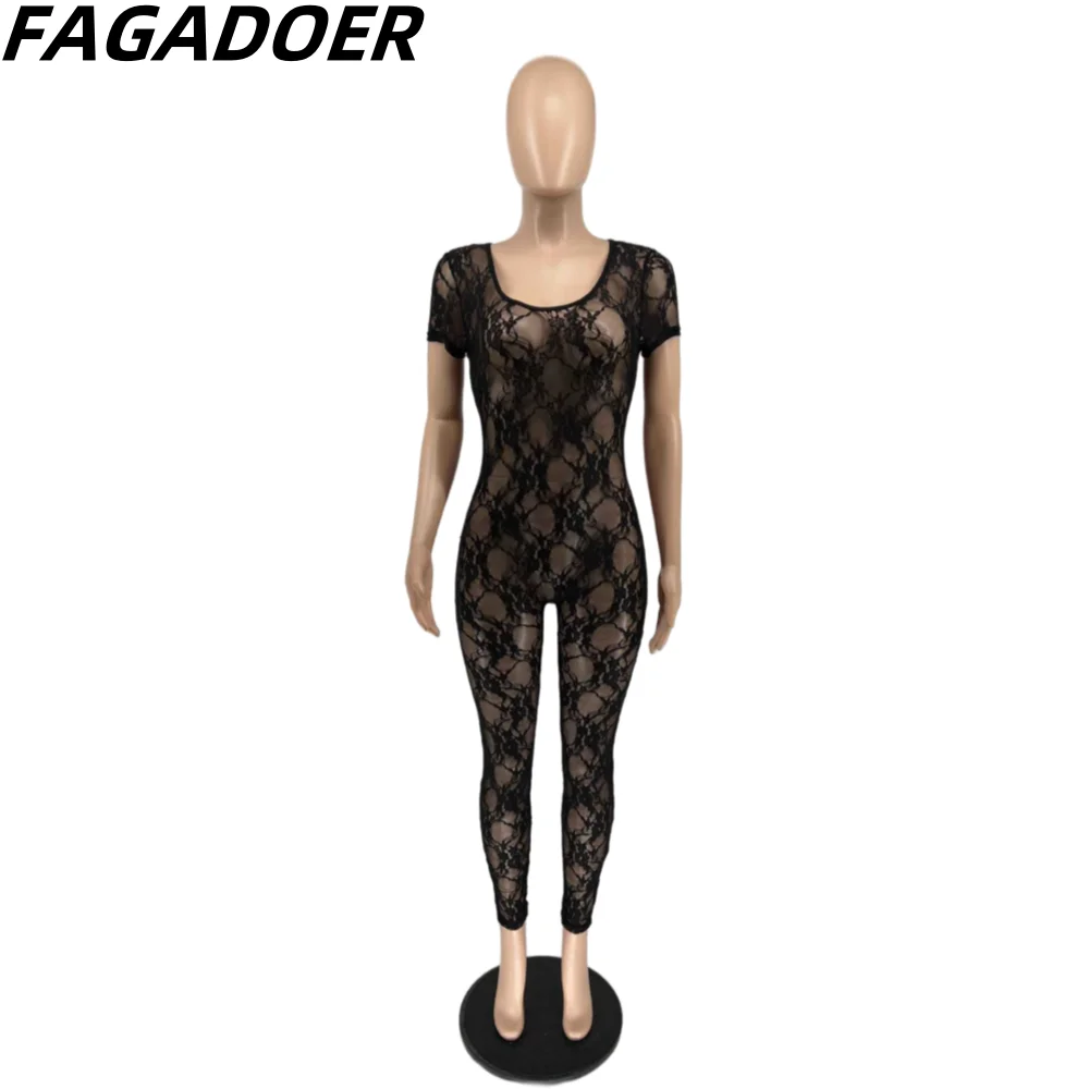 FAGADOER Sexy Lace Perspective Bodycon Jumpsuits Women Deep V Backless Long Sleeve Slim Playsuits Fashion Hollow Out Overalls