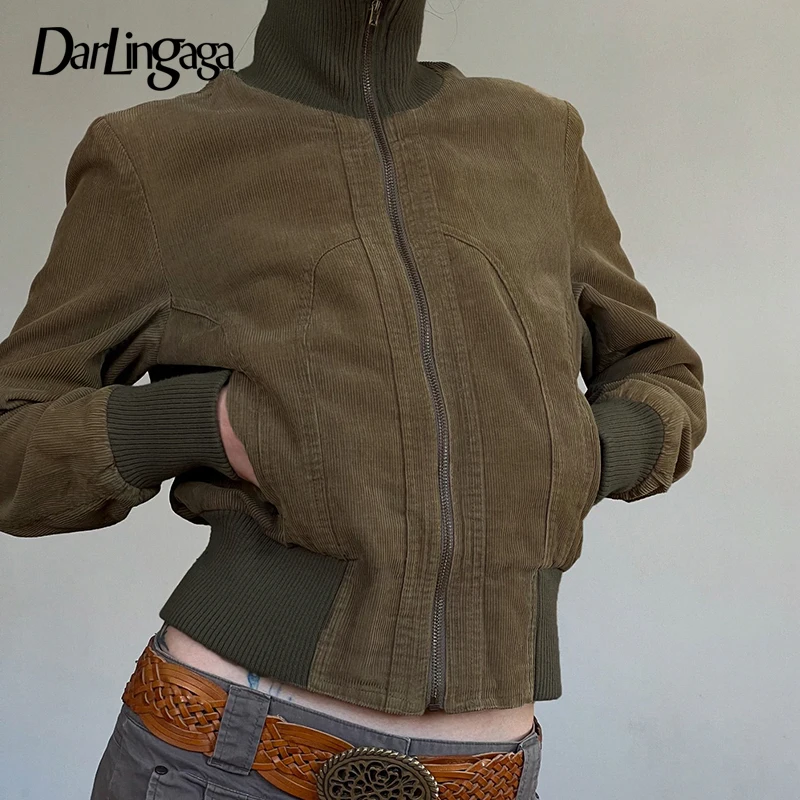 Darlingaga Streetwear Corduroy Autumn Winter Jacket For Women Vintage Zipper Up Turtleneck Coats Outwear Y2K Aesthetics Fashion