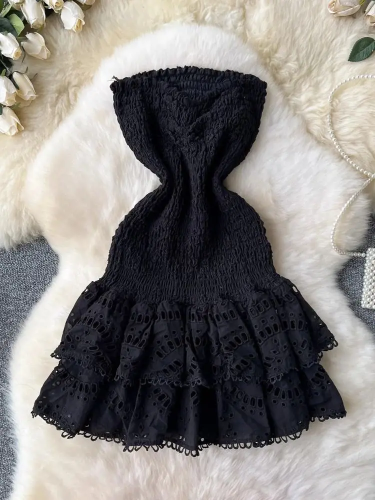 Summer Holiday Cotton Sexy Embroidery Dresses Women Beach Hollow Out Strapless Backless Stretch Layer Ruffles Cake Mini Vestidos