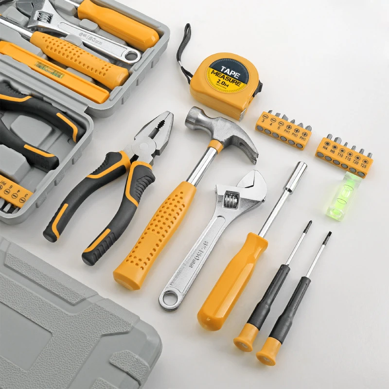 Kit de herramientas de reparación para el hogar multifuncional con alicates, llave, martillo, destornillador, cinta con caja de herramientas portátil para el hogar y la Oficina