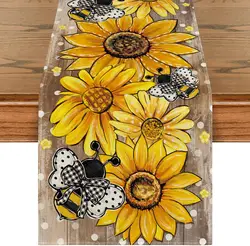 Summer Wood Sunflower Bee Flower Polka Dot Linen Table Runner Reusable Kitchen Dining Table Runners Holiday Party Decorations