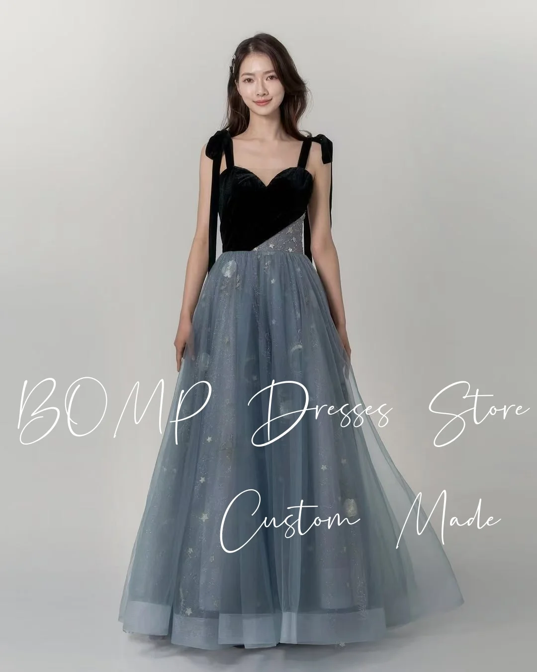 BOMP Contrast Blue Wedding Dress Bow Swetheart Floor Length Rulle Korea Photo Shoot Evening Bridal Gown Customized Elegant