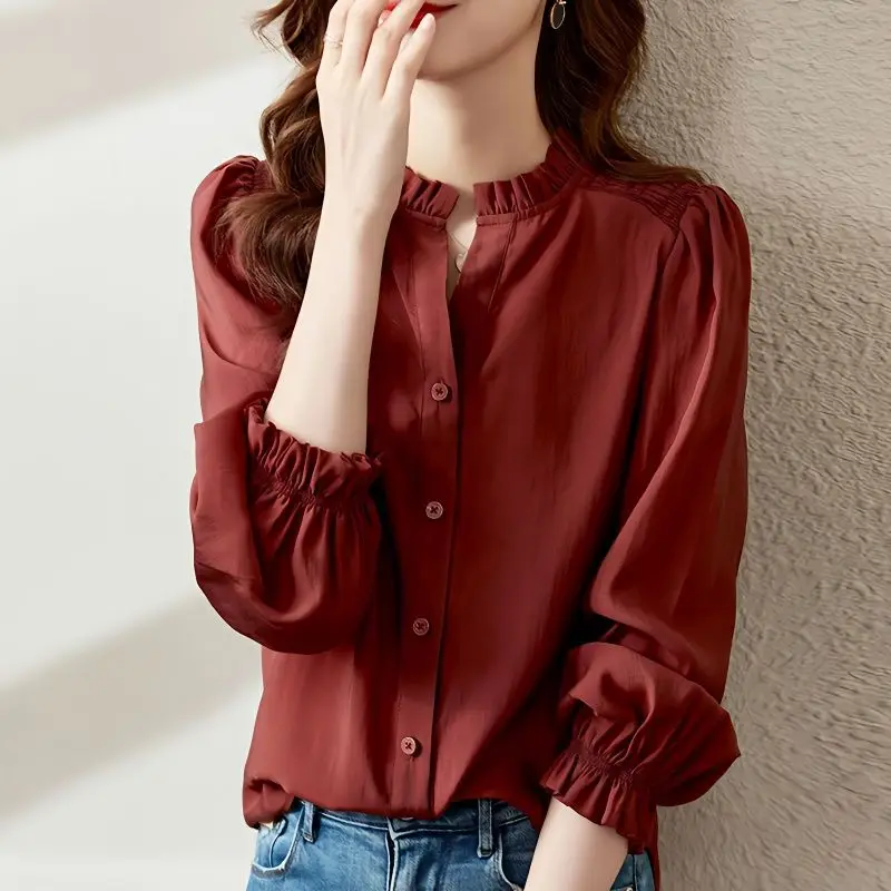 2023 Spring New Women\'s Clothing V-Neck Solid Color Long Sleeve Fashion Casual All-match Loose Temperament Thin Vintage Shirt