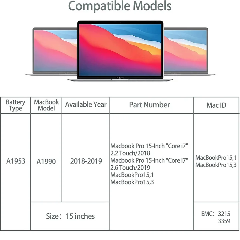 Batterie de remplacement pour MacBook Pro 15 "Touch Bar A1953 (Mid 2018 2019), EMC 3215 3359 MV902LL/A MV912LL/A MV922LL/A
