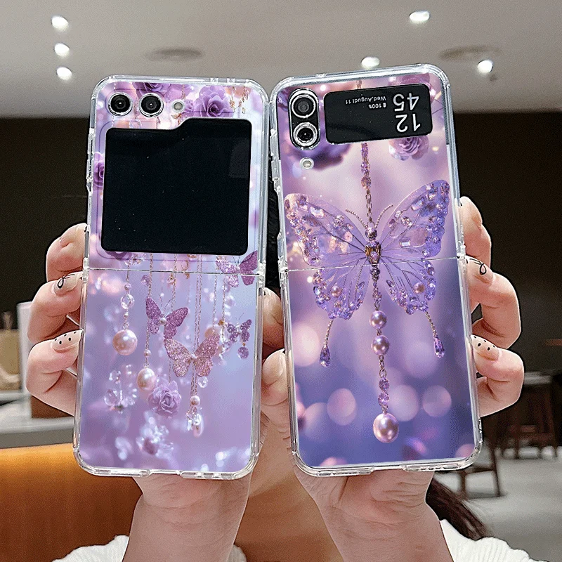 For Samsung Z Flip 7 Luxurious Crystal Purple Butterfly Printed Clear Folding Phone Case for Samsung Z Flip 6 5 4 ZFlip3 Covers