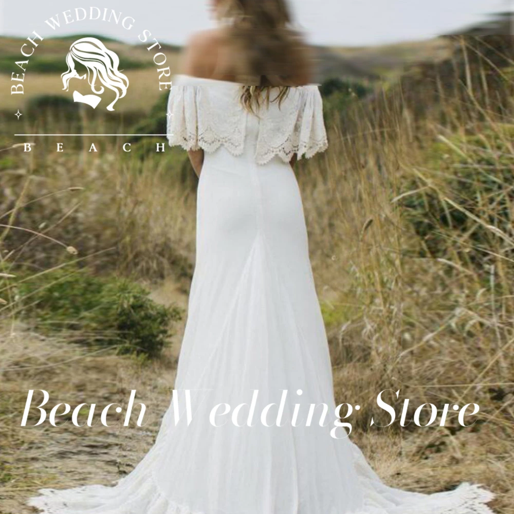 Beach Customized A-Line Country Style Maternity Floor Length  Wedding Off the Shoulder White Chiffon Bridal Dresses Zipper Back