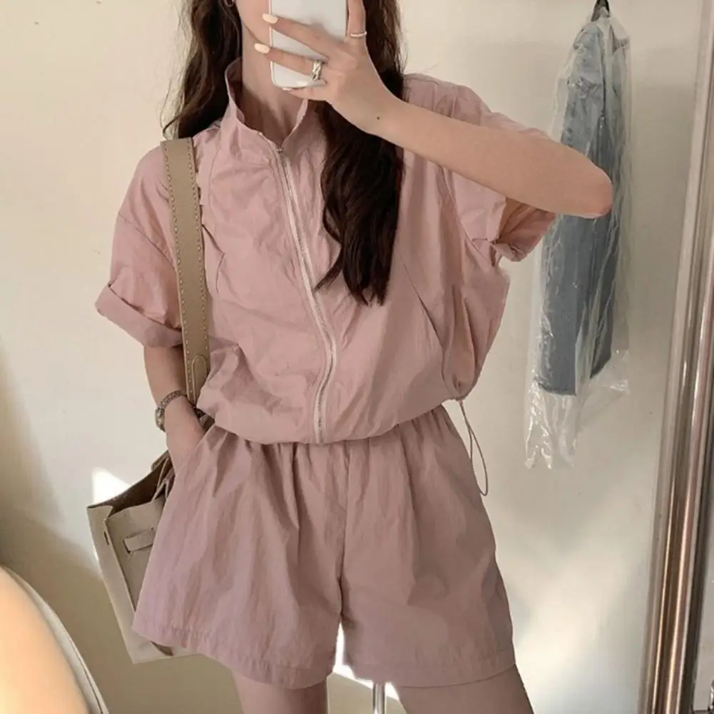 Women Summer Tracksuit Zipper Closure Short Sleeves Sunscreen coat High Waist shorts set Anti UV Sportwear Clothes Tracksuit