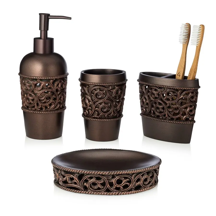 

4Piece Bronze Bathroom Accessory Set, Complete Set Includes Toothbrush Holder, Lotion Dispenser, Tumbler and Soap Dish