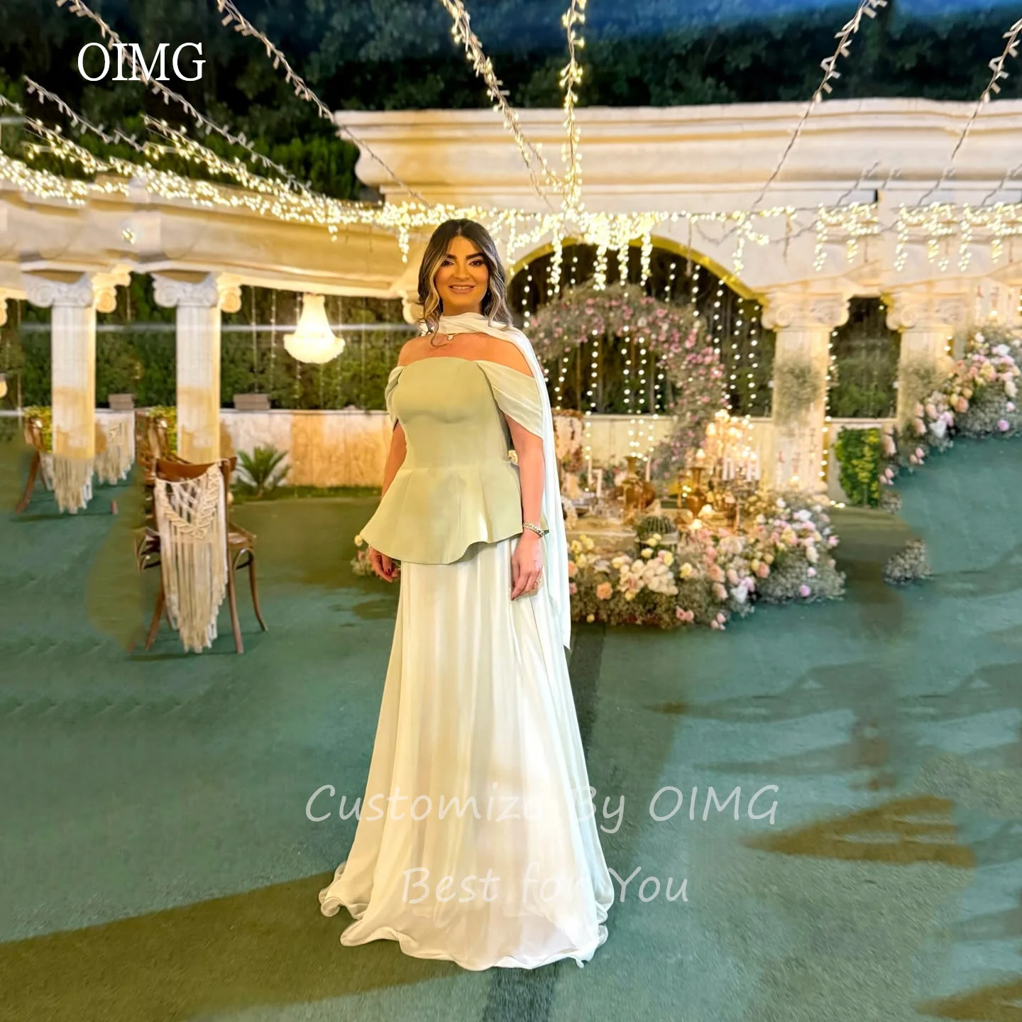 OIMG Verde Al Largo Della Spalla Una Linea di Abiti di Promenade Backless Increspato Abito Del Partito Abito Da Sera Lungo abiti da festa Personalizzato