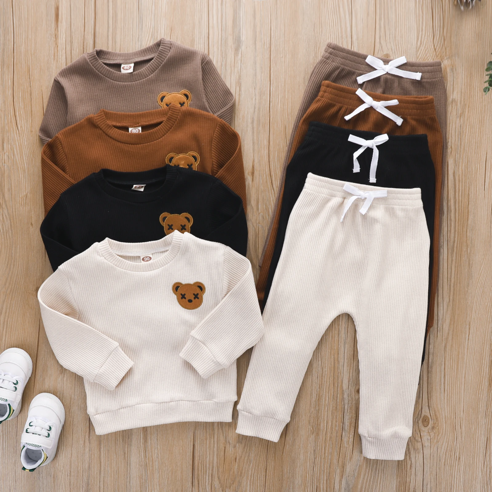 2022-06-02 Lioraitiin 0-4Years Little Toddler Boy Round Neck Long Sleeve Embroidered Bear Patch Tops Elastic Waist Long Pant