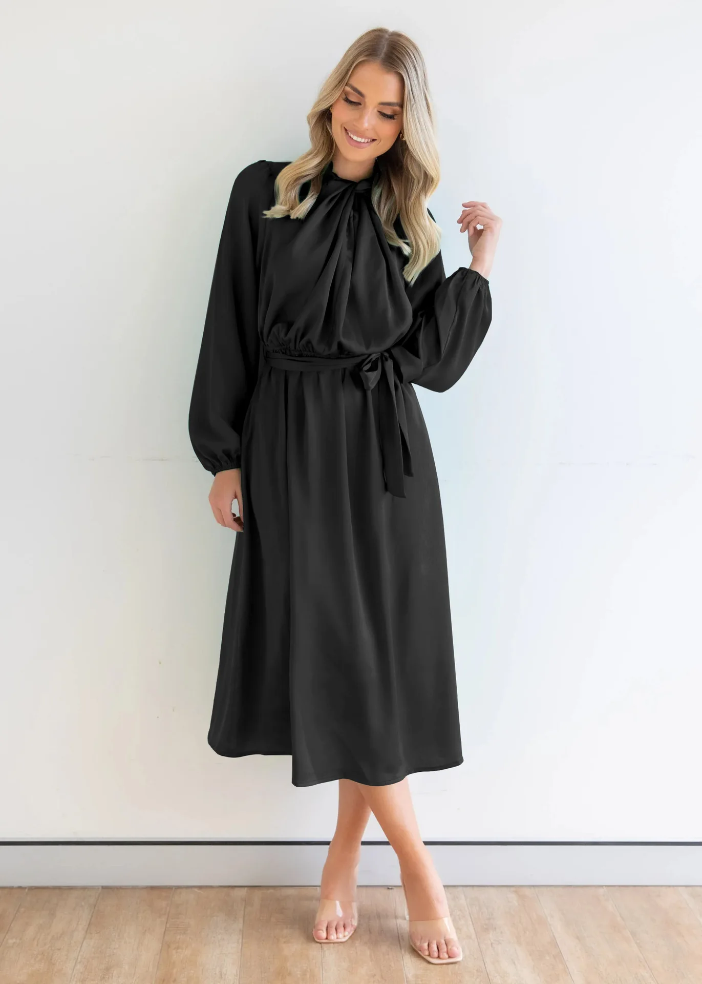

2022 Women Vintage Elegant Satin Dress Autumn Long Sleeve Office Ladies Casual Midi Chic Female Evening Dresses with Waistband