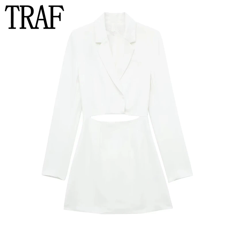 TRAF Cut Out Blazer Dress Woman Off White Short Dresses For Women Office Mini Dress 2024 Long Sleeve Formal Elegant Dresses