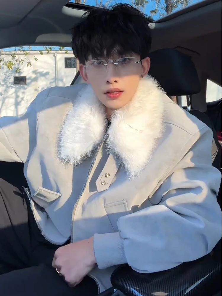 

American Sle ort Jaet eepskin Collar Cotton Coat Men's Winter Faionable And Haome oulder Length Coat