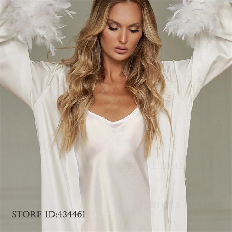 Elegant White Ice Silk Bride Wedding Robe Dress Sexy Feather Cuff Long Kimono Bathrobe Gown Loose Sleepwear Nightgown Home Dress