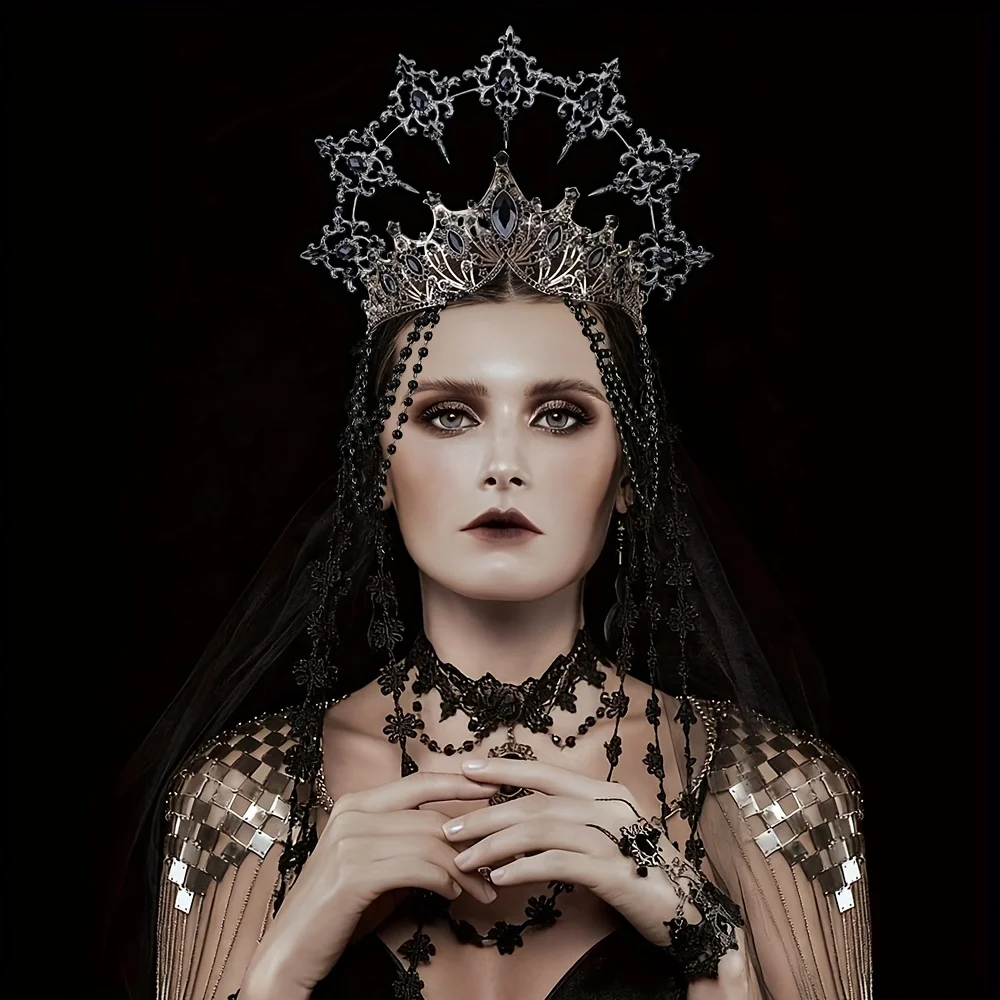 Ladies' Dark Red Crystal Crown Set | Black silver entwined with red crystals, paired with black bead tassels, exuding a cool Got