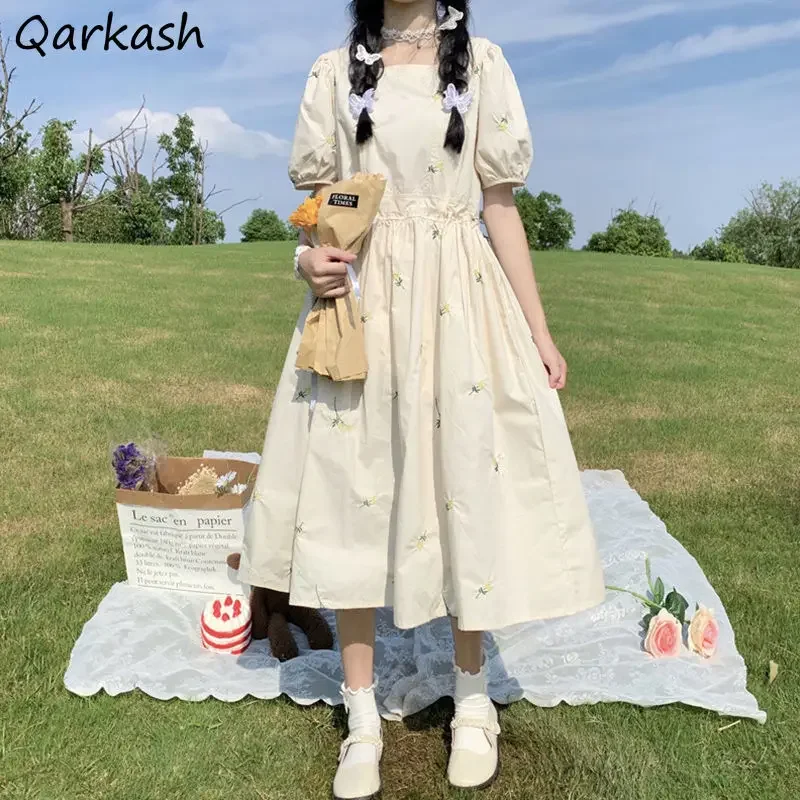 

Женское платье с квадратным воротником и принтом, свободное трапециевидное универсальное летнее платье с пышными рукавами в стиле Харадзюку, простое студенческое кавайное шикарное повседневное платье