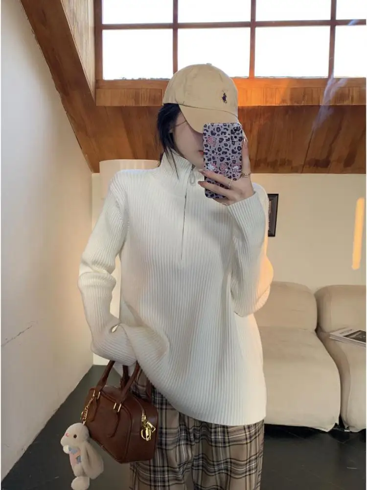 

Autumn Winter Korean Fashion Solid Temperament Short Half Zipper Sweater Women Elegant Long Sleeve Knitted Tops Simplicity Trend