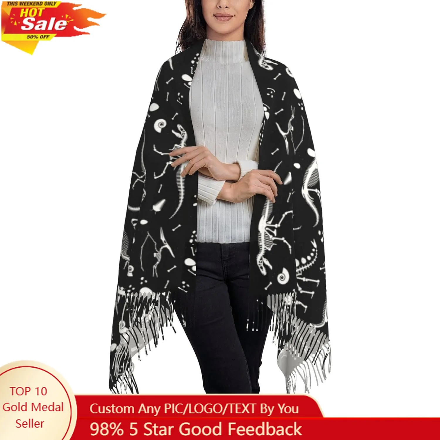Black and White Dinosaur Skeleton Pattern Scarf Long Shawl Wraps Pashmina for Women Girls with Tassels Soft Warm Cozy