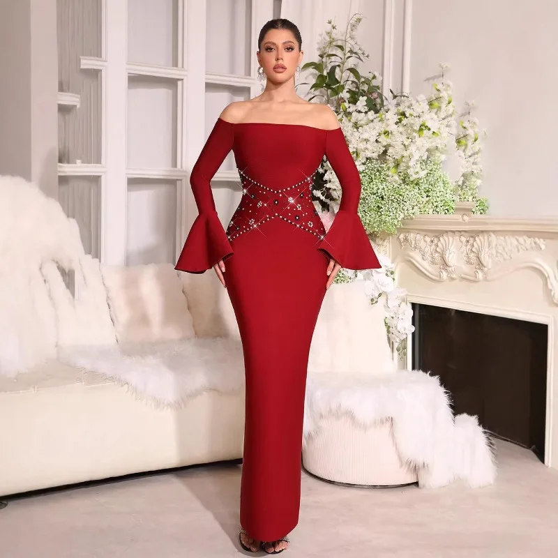 

Fashion Women Dress Diamond Elegant Shoulder Long Dress Bandage