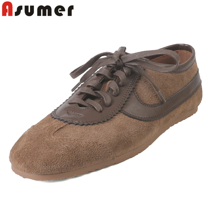 

ASUMER INS Fashion Cow Suede Leather Women Sneakers Retro Handmade Flat Shoes Lace Up Casual Shoes Spring Summer Footwear