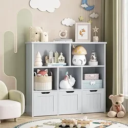 Toy Storage Organizer with 3 Movable Drawers, Floor Storage Cabinet Toy Chest with Hidden Wheels and 5 Storage Cubbies