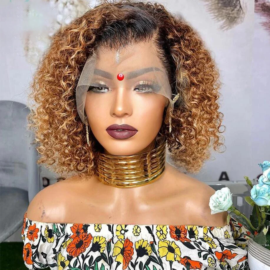 Glueless Soft Ombre Brown Honey Blonde Kinky Curly Short Bob Preplucked BabyHair Lace Front Wig For Black Women 180Density Daily