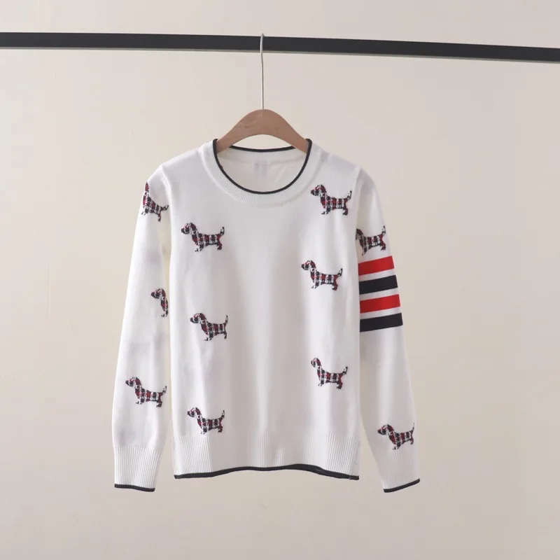 Autumn and Winter NewtbStriped Four Bars Full Body Plaid Puppy Jacquard round Neck Pullover Long Sleeve Sweater Sweater