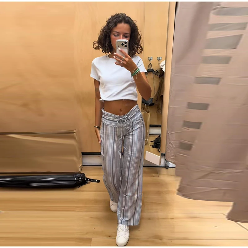 Casual Contrast Striped Women's Pants Wave Cut Elastic Waist Female Wide Leg Trousers 2026 Autumn Lady Vintage Chic Pant