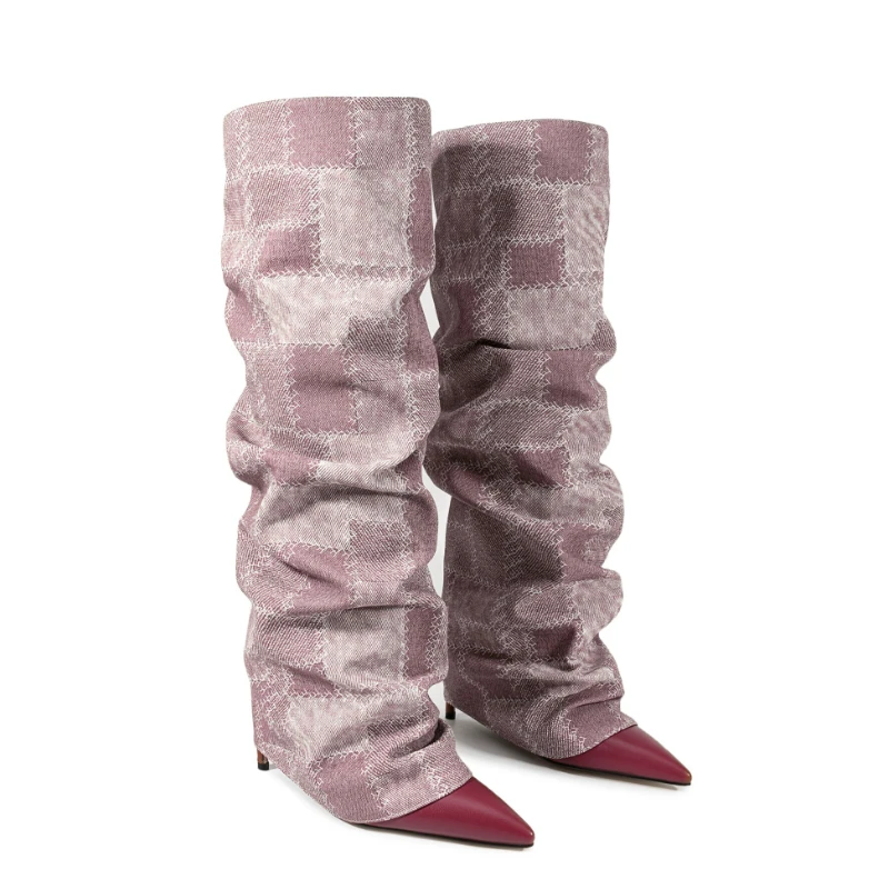 

Plaid Pattern Knee High Stiletto Slouch Boots Woman Autumn Winter 2026 Pointed Toe Checkered Rolled-Up Pleated Slip-On Boots