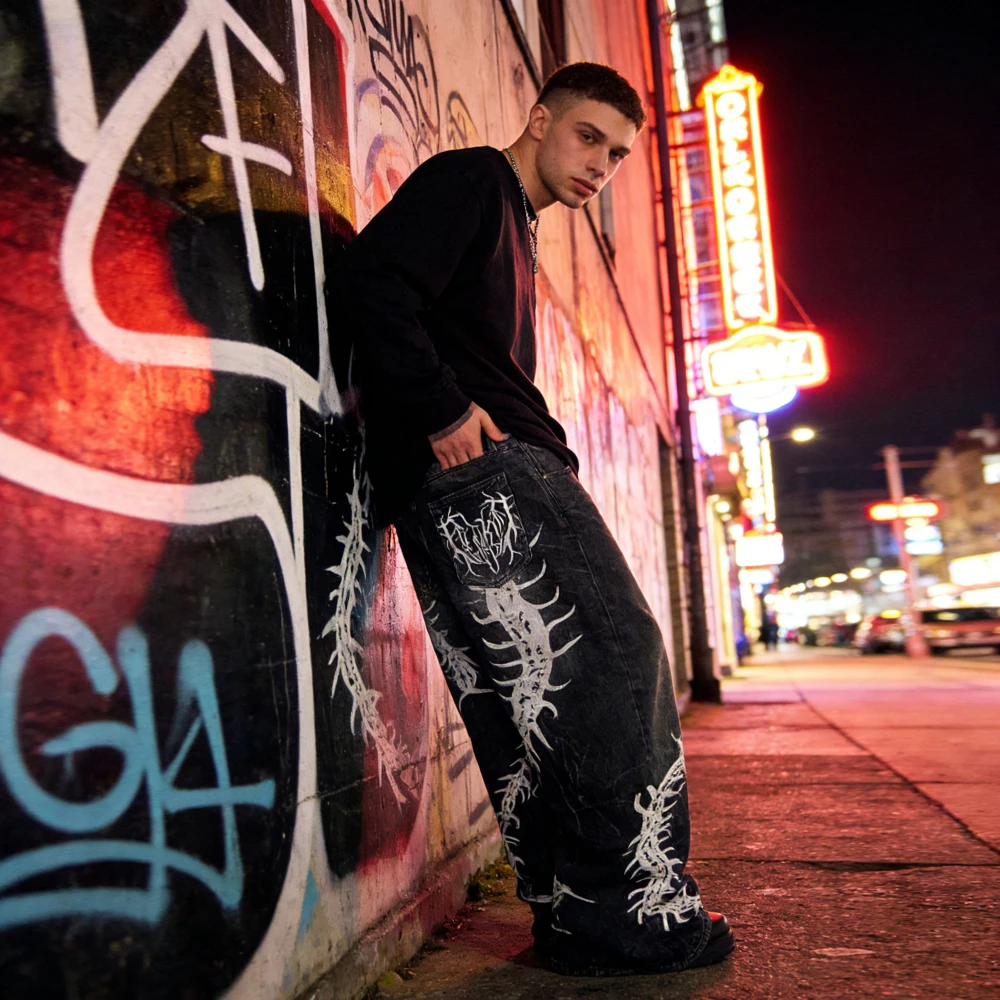 

Y2K мешковатые джинсы с готической вышивкой, женские Harajuku, большие широкие брюки с высокой талией, винтажные уличные брюки в стиле хип-хоп