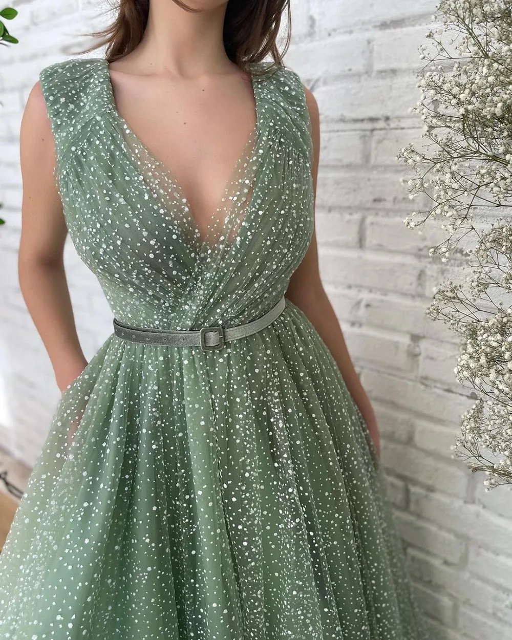 Sevintage Sparkly Groen Gestippelde Tulle Prom Jurken Met Riem V-hals A-lijn Formele Party Dress Lange Avondjurken Met Zakken