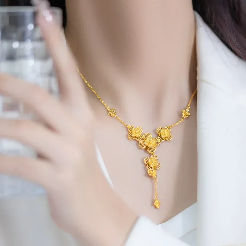 

9999 Real Gold 24K Niche Premium Gold Flower Clavicle Set Chain Plum Blossom Flower Wedding Set Chain Flower Necklace Women