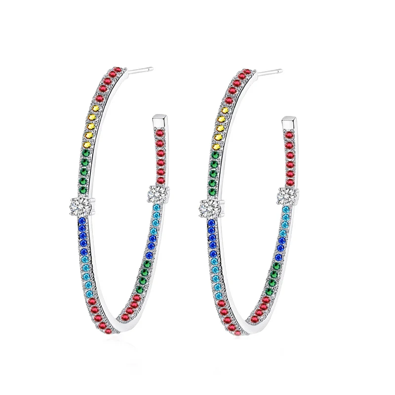 CWWZircons Trendy dwustronna Rainbow CZ kamień Pave półokrągłe koło cienkie Hoop kolczyki dla kobiet pozłacana biżuteria CZ574