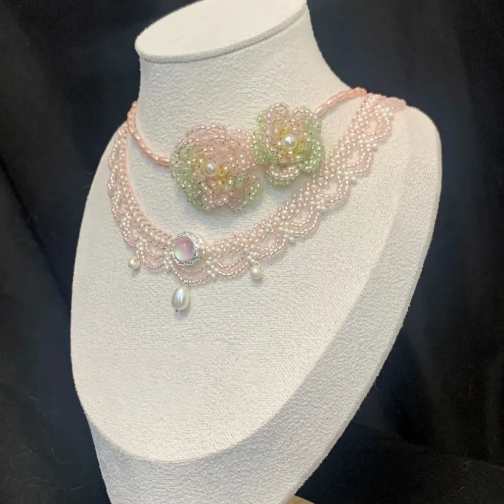 Pink Beaded Floral Choker Necklace with Pearl Drop Vintage Handmade Beadwork Necklace for Women Wedding Party Lolita Accessory