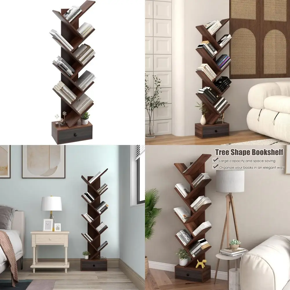 

Rustic 10-Tier Corner Bookshelf - Space-Saving Wooden Organizer with Drawer for Books and Decorative Items