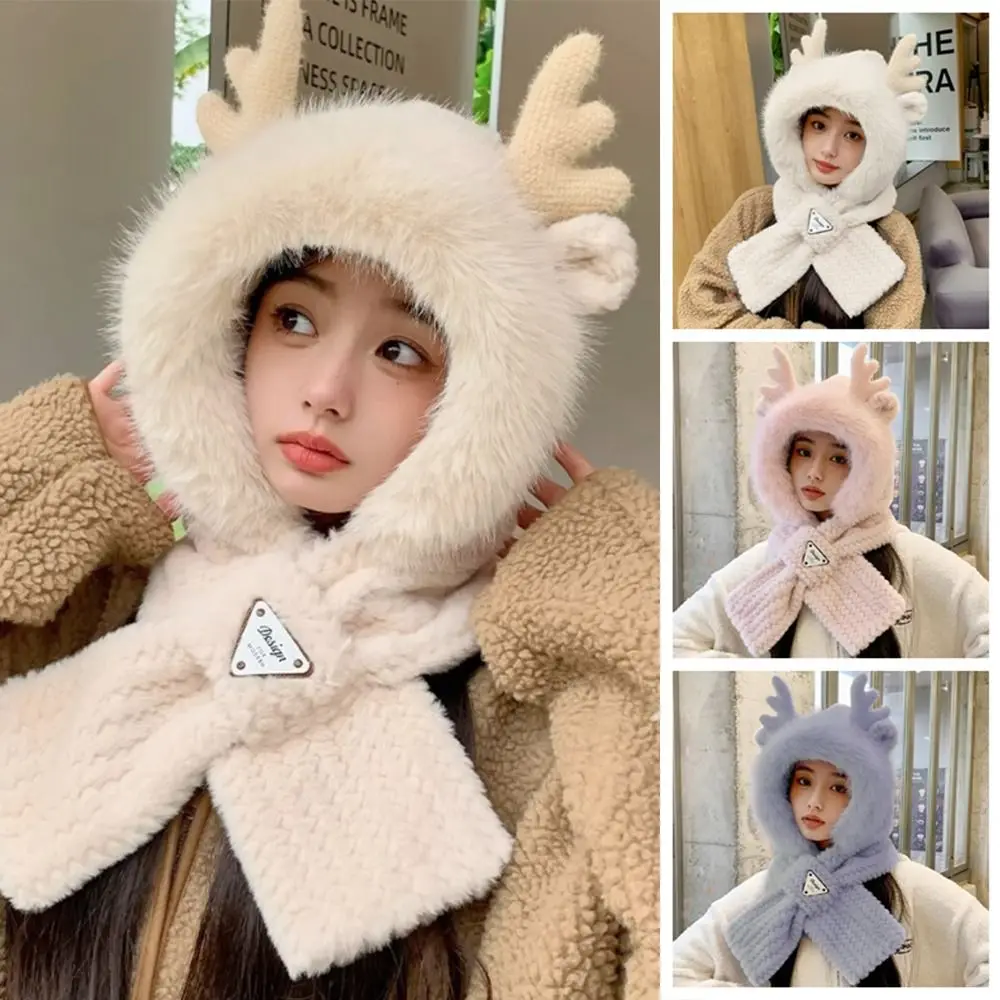 Cute Soft Fur Women Hooded Scarf Elk Antler Cross One Piece Hat Scarf Warm Windproof Ear Protection Hat Neckerchief