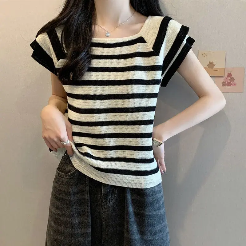 

Loose Vintage Square Neck Striped Short Sleeved T-shirt For Women's Summer Flying Sleeve Slim Fit Top