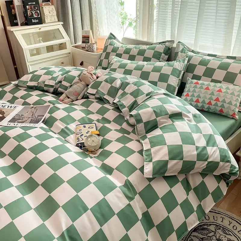 

King Size Bedding Set with Quilt Cover Flat Sheet Pillowcase Kids Girls Boys Checkerboard Pinted Single Double Bed Linen