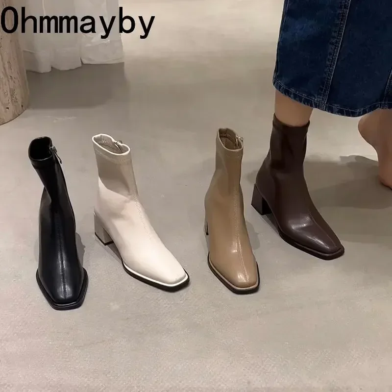 2024 Otoño Invierno diseño tacón tobillo bota moda punta cuadrada cremallera señoras Casual Chelsea botas zapatos de cuero suave bota corta